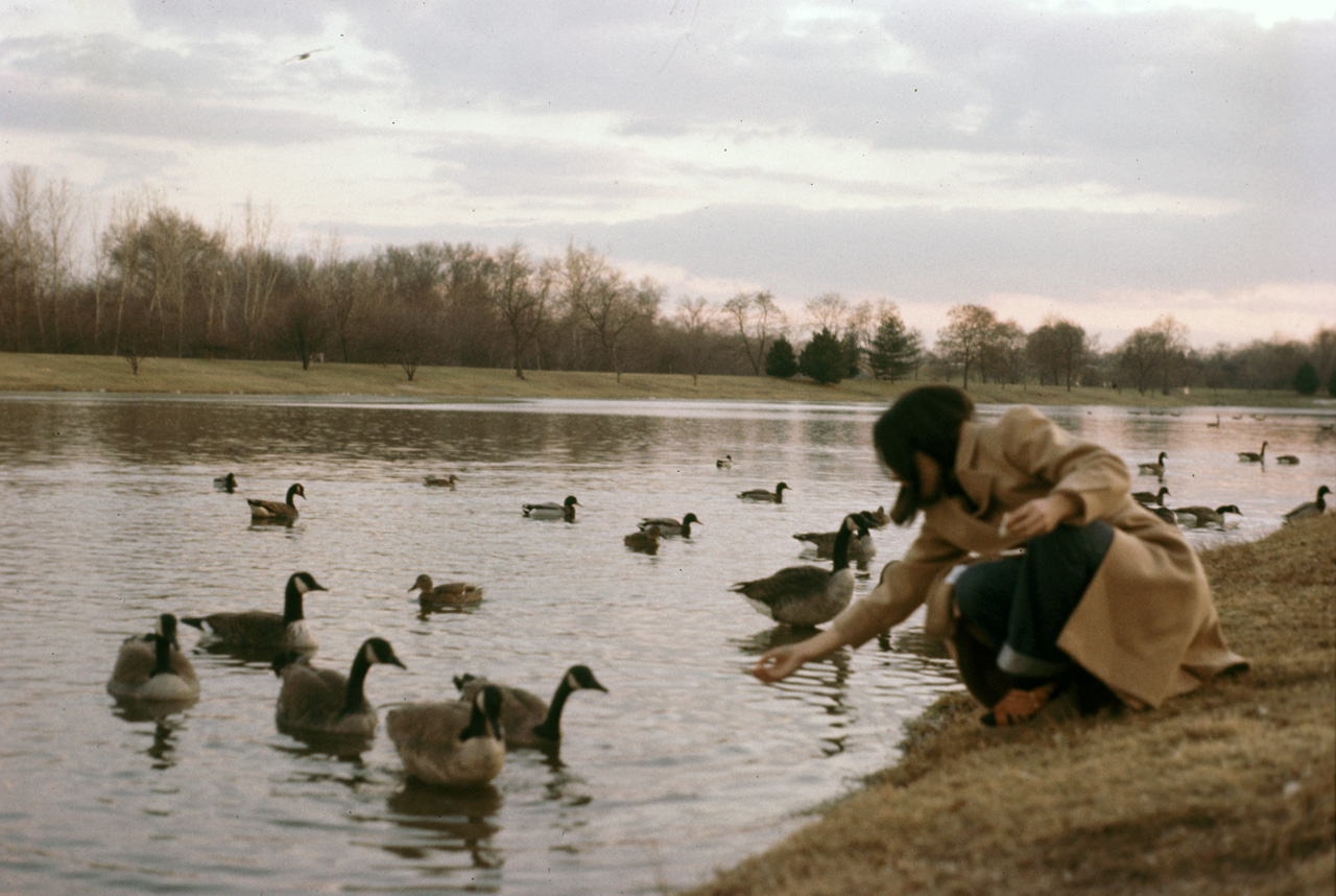 1976-01-01, 011, Linda Feeding Ducks in Saddle Brook Lake, NJ